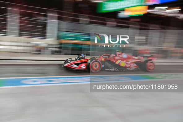 Carlos Sainz drives out of the pit lane during the third Free Practice session of the Formula 1 Heineken Silver Las Vegas Grand Prix in Las...