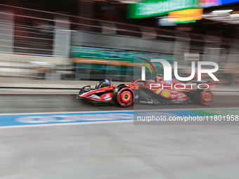 Carlos Sainz drives out of the pit lane during the third Free Practice session of the Formula 1 Heineken Silver Las Vegas Grand Prix in Las...