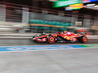 Carlos Sainz drives out of the pit lane during the third Free Practice session of the Formula 1 Heineken Silver Las Vegas Grand Prix in Las...