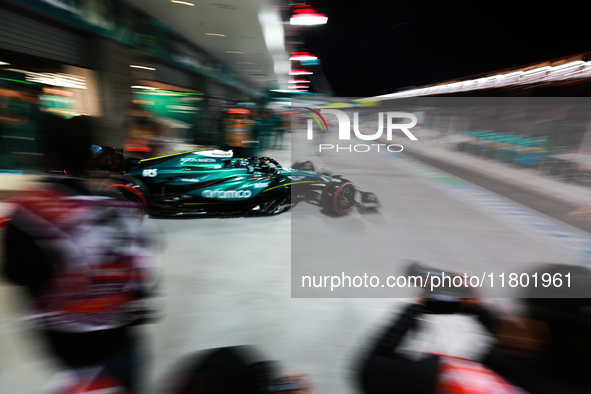 Lance Stroll emerges from the Aston Martin garage during the third Free Practice session of the Formula 1 Heineken Silver Las Vegas Grand Pr...