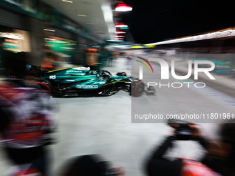 Lance Stroll emerges from the Aston Martin garage during the third Free Practice session of the Formula 1 Heineken Silver Las Vegas Grand Pr...