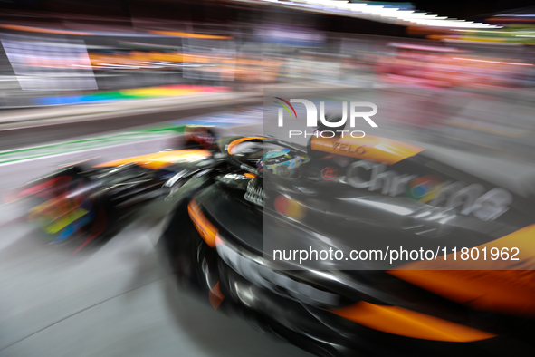 Oscar Piastri emerges from the McLaren garage during the third Free Practice session of the Formula 1 Heineken Silver Las Vegas Grand Prix i...