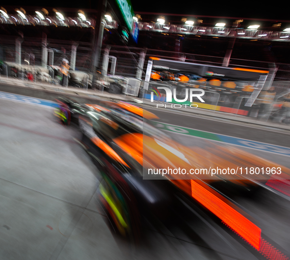 Oscar Piastri emerges from the McLaren garage during the third Free Practice session of the Formula 1 Heineken Silver Las Vegas Grand Prix i...