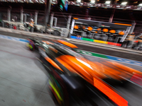 Oscar Piastri emerges from the McLaren garage during the third Free Practice session of the Formula 1 Heineken Silver Las Vegas Grand Prix i...