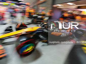 Oscar Piastri emerges from the McLaren garage during the third Free Practice session of the Formula 1 Heineken Silver Las Vegas Grand Prix i...