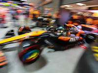 Oscar Piastri emerges from the McLaren garage during the third Free Practice session of the Formula 1 Heineken Silver Las Vegas Grand Prix i...