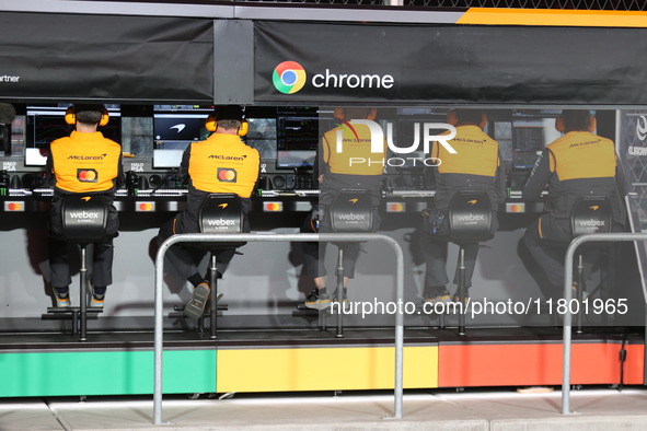 The McLaren Team observes data screens during the third Free Practice session of the Formula 1 Heineken Silver Las Vegas Grand Prix in Las V...