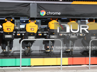 The McLaren Team observes data screens during the third Free Practice session of the Formula 1 Heineken Silver Las Vegas Grand Prix in Las V...