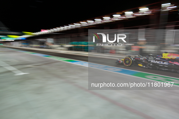 Max Verstappen drives in the pit lane during the third Free Practice session of the Formula 1 Heineken Silver Las Vegas Grand Prix in Las Ve...