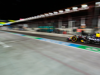 Max Verstappen drives in the pit lane during the third Free Practice session of the Formula 1 Heineken Silver Las Vegas Grand Prix in Las Ve...