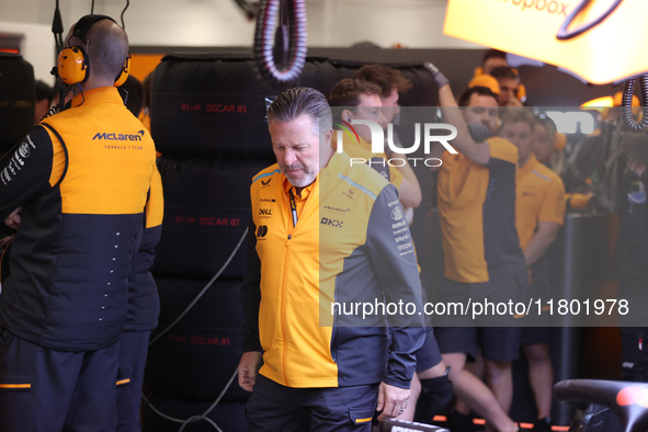 Zak Brown is in the McLaren garage during the third Free Practice session of the Formula 1 Heineken Silver Las Vegas Grand Prix in Las Vegas...