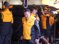 Zak Brown is in the McLaren garage during the third Free Practice session of the Formula 1 Heineken Silver Las Vegas Grand Prix in Las Vegas...