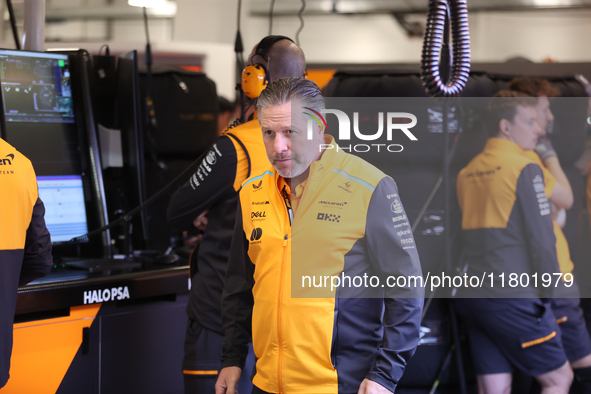 Zak Brown is in the McLaren garage during the third Free Practice session of the Formula 1 Heineken Silver Las Vegas Grand Prix in Las Vegas...