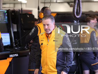 Zak Brown is in the McLaren garage during the third Free Practice session of the Formula 1 Heineken Silver Las Vegas Grand Prix in Las Vegas...