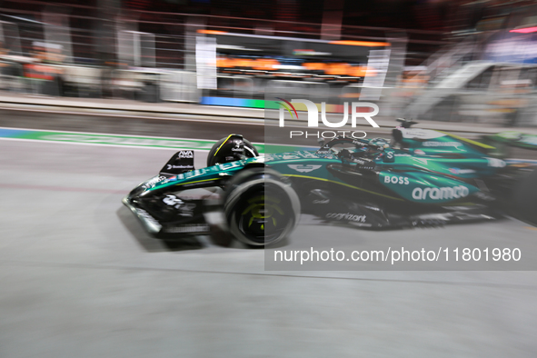 Lance Stroll drives in the pit lane garage during the third Free Practice session of the Formula 1 Heineken Silver Las Vegas Grand Prix in L...