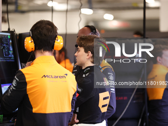 Oscar Piastri speaks to his team during the third Free Practice session of the Formula 1 Heineken Silver Las Vegas Grand Prix in Las Vegas,...