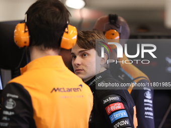 Oscar Piastri speaks to his team during the third Free Practice session of the Formula 1 Heineken Silver Las Vegas Grand Prix in Las Vegas,...