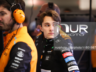 Oscar Piastri speaks to his team during the third Free Practice session of the Formula 1 Heineken Silver Las Vegas Grand Prix in Las Vegas,...