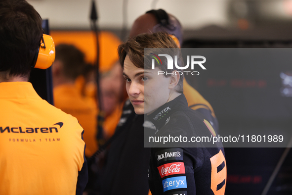 Oscar Piastri speaks to his team during the third Free Practice session of the Formula 1 Heineken Silver Las Vegas Grand Prix in Las Vegas,...