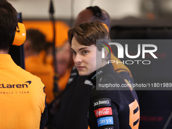 Oscar Piastri speaks to his team during the third Free Practice session of the Formula 1 Heineken Silver Las Vegas Grand Prix in Las Vegas,...