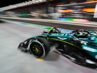 Lance Stroll drives in the pit lane garage during the third Free Practice session of the Formula 1 Heineken Silver Las Vegas Grand Prix in L...