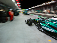 Lance Stroll drives in the pit lane garage during the third Free Practice session of the Formula 1 Heineken Silver Las Vegas Grand Prix in L...