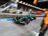 Lance Stroll drives in the pit lane garage during the third Free Practice session of the Formula 1 Heineken Silver Las Vegas Grand Prix in L...