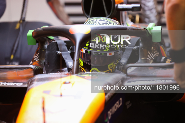 Lando Norris prepares in the McLaren garage during the third Free Practice session of the Formula 1 Heineken Silver Las Vegas Grand Prix in...