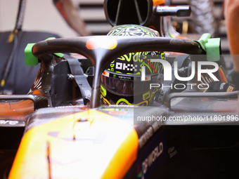 Lando Norris prepares in the McLaren garage during the third Free Practice session of the Formula 1 Heineken Silver Las Vegas Grand Prix in...