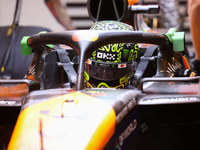 Lando Norris prepares in the McLaren garage during the third Free Practice session of the Formula 1 Heineken Silver Las Vegas Grand Prix in...