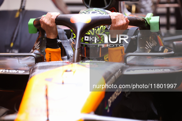 Lando Norris prepares in the McLaren garage during the third Free Practice session of the Formula 1 Heineken Silver Las Vegas Grand Prix in...