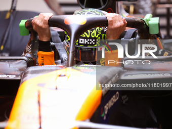 Lando Norris prepares in the McLaren garage during the third Free Practice session of the Formula 1 Heineken Silver Las Vegas Grand Prix in...