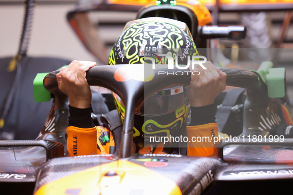 Lando Norris prepares in the McLaren garage during the third Free Practice session of the Formula 1 Heineken Silver Las Vegas Grand Prix in...