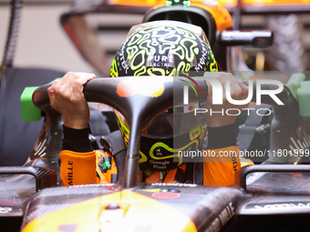 Lando Norris prepares in the McLaren garage during the third Free Practice session of the Formula 1 Heineken Silver Las Vegas Grand Prix in...