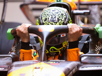 Lando Norris prepares in the McLaren garage during the third Free Practice session of the Formula 1 Heineken Silver Las Vegas Grand Prix in...