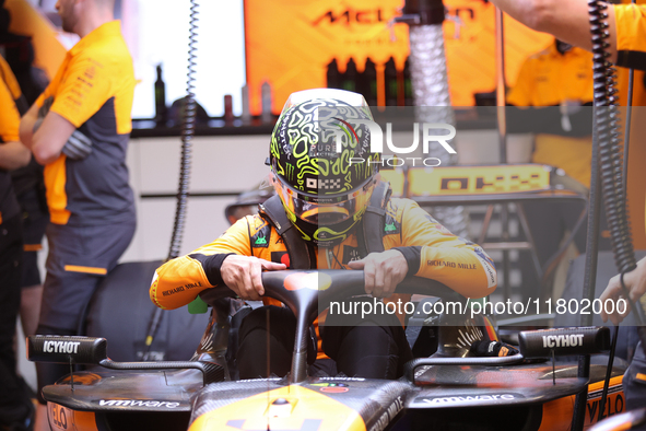 Lando Norris prepares in the McLaren garage during the third Free Practice session of the Formula 1 Heineken Silver Las Vegas Grand Prix in...