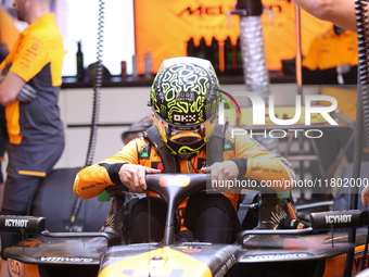 Lando Norris prepares in the McLaren garage during the third Free Practice session of the Formula 1 Heineken Silver Las Vegas Grand Prix in...