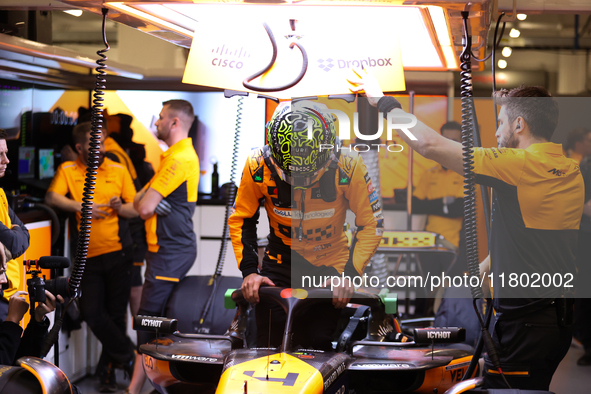 Lando Norris prepares in the McLaren garage during the third Free Practice session of the Formula 1 Heineken Silver Las Vegas Grand Prix in...