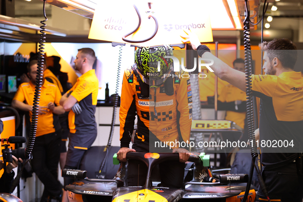 Lando Norris prepares in the McLaren garage during the third Free Practice session of the Formula 1 Heineken Silver Las Vegas Grand Prix in...