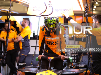 Lando Norris prepares in the McLaren garage during the third Free Practice session of the Formula 1 Heineken Silver Las Vegas Grand Prix in...