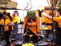 Lando Norris prepares in the McLaren garage during the third Free Practice session of the Formula 1 Heineken Silver Las Vegas Grand Prix in...