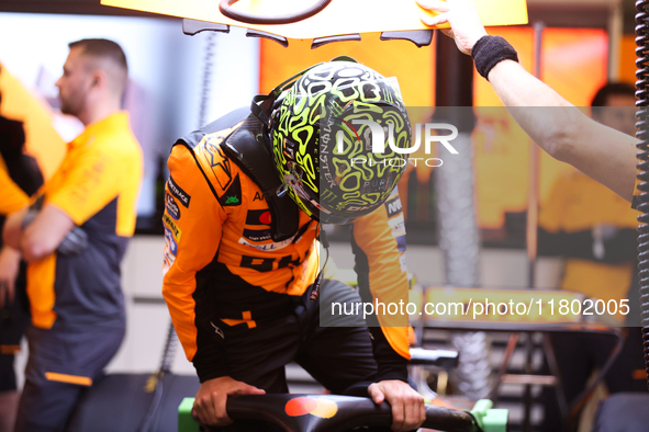 Lando Norris prepares in the McLaren garage during the third Free Practice session of the Formula 1 Heineken Silver Las Vegas Grand Prix in...