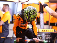 Lando Norris prepares in the McLaren garage during the third Free Practice session of the Formula 1 Heineken Silver Las Vegas Grand Prix in...