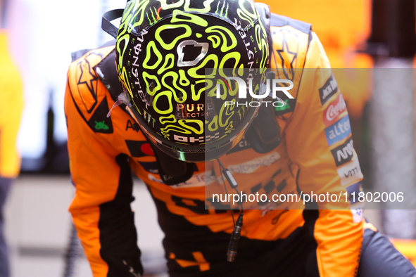 Lando Norris prepares in the McLaren garage during the third Free Practice session of the Formula 1 Heineken Silver Las Vegas Grand Prix in...