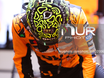 Lando Norris prepares in the McLaren garage during the third Free Practice session of the Formula 1 Heineken Silver Las Vegas Grand Prix in...