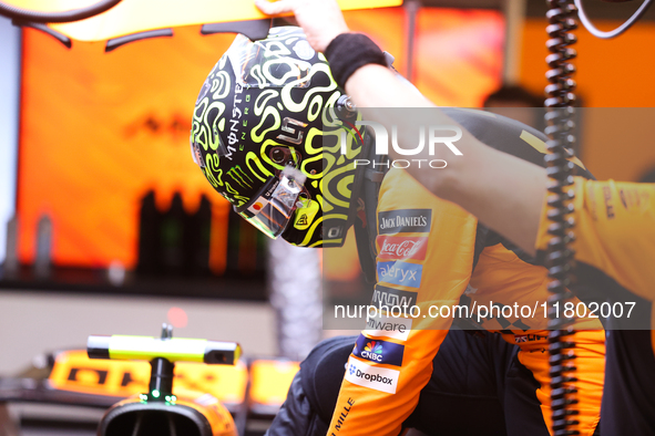 Lando Norris prepares in the McLaren garage during the third Free Practice session of the Formula 1 Heineken Silver Las Vegas Grand Prix in...