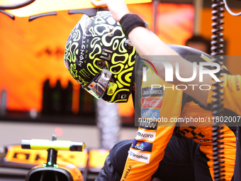 Lando Norris prepares in the McLaren garage during the third Free Practice session of the Formula 1 Heineken Silver Las Vegas Grand Prix in...