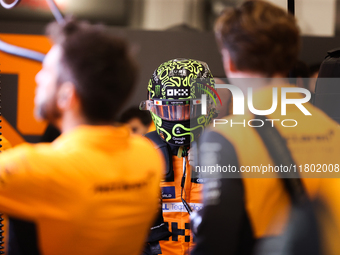 Lando Norris prepares in the McLaren garage during the third Free Practice session of the Formula 1 Heineken Silver Las Vegas Grand Prix in...