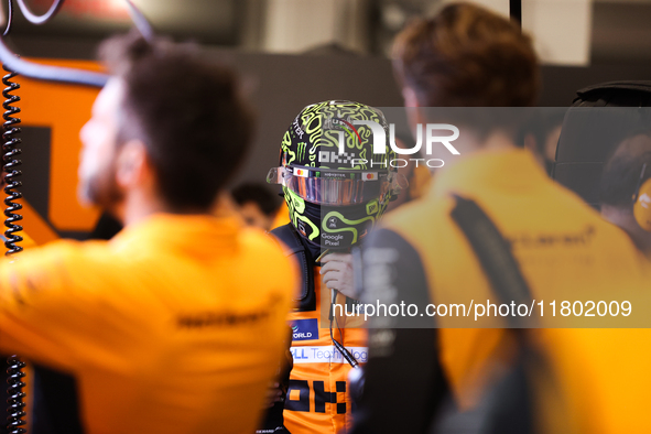 Lando Norris prepares in the McLaren garage during the third Free Practice session of the Formula 1 Heineken Silver Las Vegas Grand Prix in...