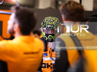 Lando Norris prepares in the McLaren garage during the third Free Practice session of the Formula 1 Heineken Silver Las Vegas Grand Prix in...